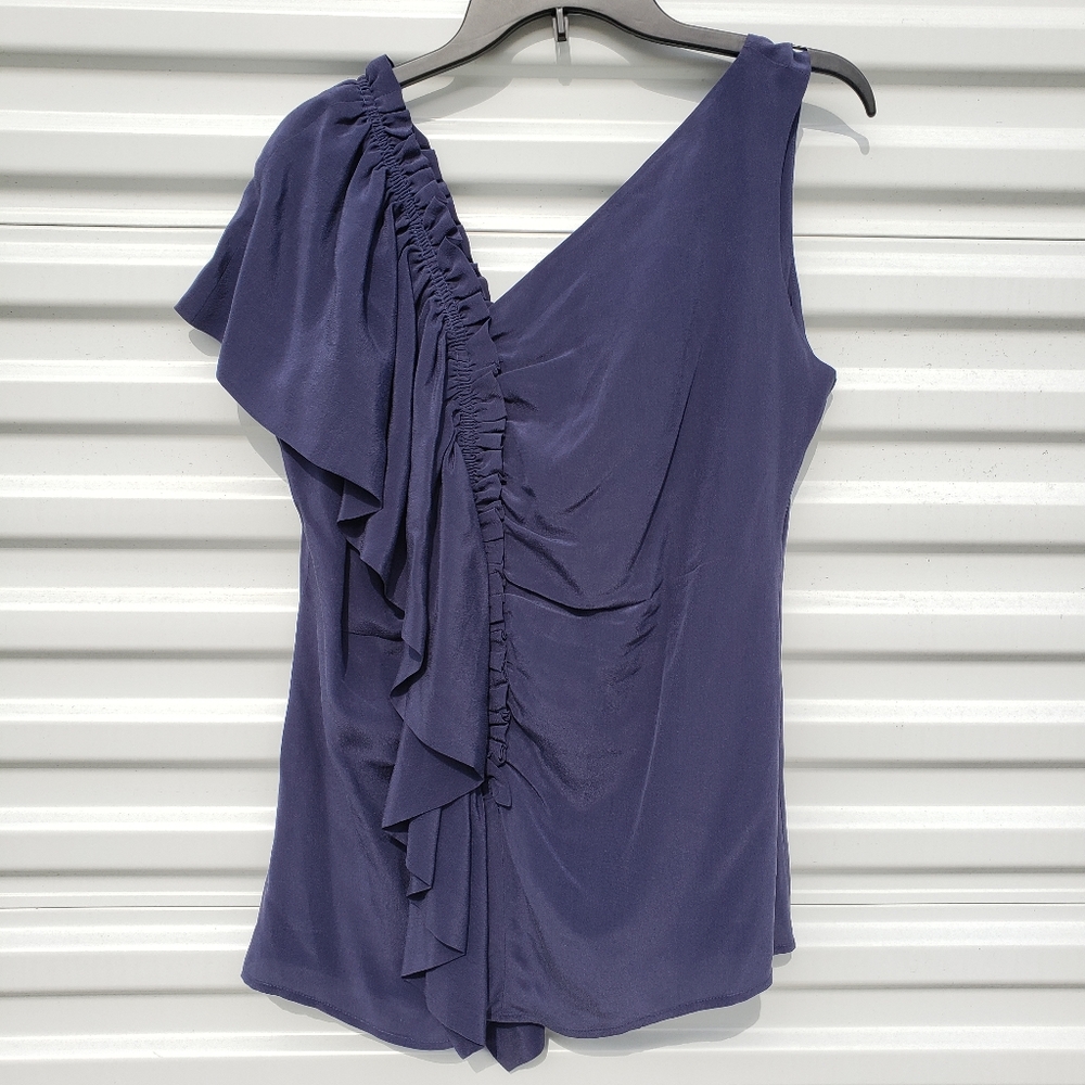 Soft Surroundings 100% Silk Navy Blue sleeveless asymetrical ruffled blouse